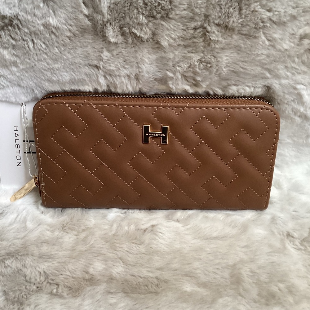 Halston Cognac Brown Quilted Zip Around Wallet , NWT